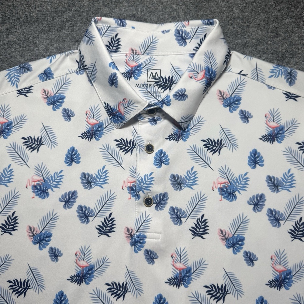 Mizzen+Main White Polo with Blue Leaf & Pink Flamingo Print